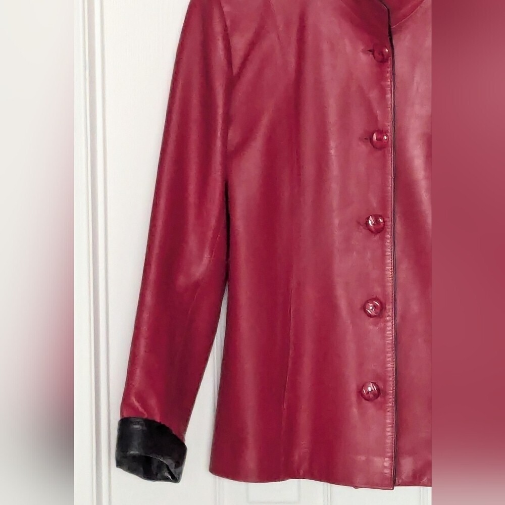 A Pop of Color! Venus Women's Red Button-Down Leather Jacket - Picture 4 of 15